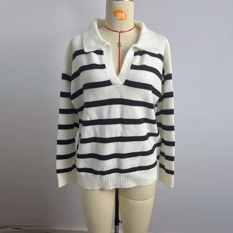 Pull tricoté rayé pour femmes, manches longues, col rabattu, pull de rue, décontracté, grande taille