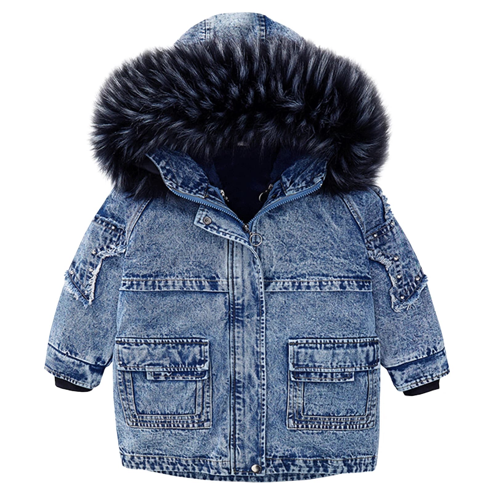 Parka en jean pour filles avec capuche en fourrure, manteau intérieur en polaire 2 pièces, veste d'h