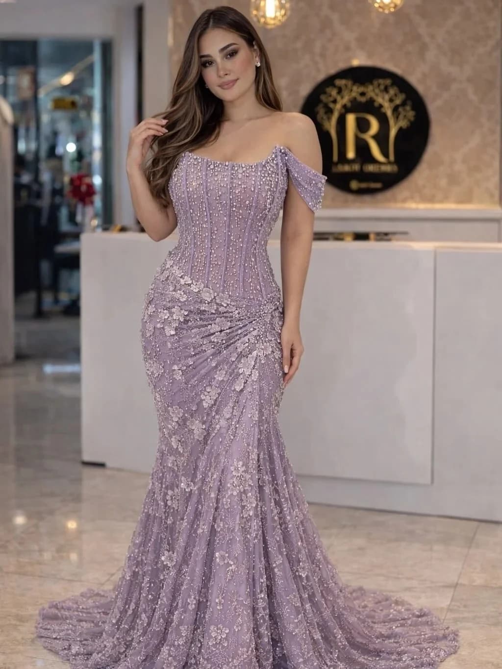 Robes de bal longues lilas, transparentes, ornées de perles et de fleurs, style Arabie Saoudite, Dub