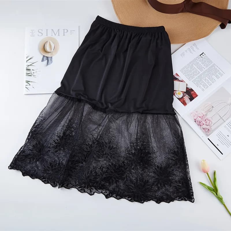Femmes jupe Extender genou dentelle Slip longueur creuse a-ligne demi-extension femmes dame dentelle