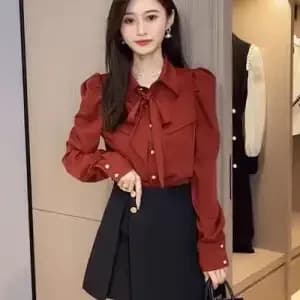 Chemisier élégant à manches bouffantes pour femme, avec col à revers et nœud décoratif, chemise tend