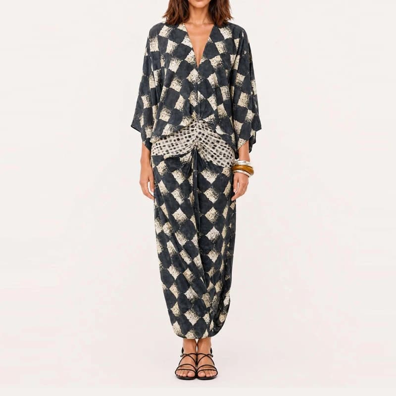 Robe longue décontractée à manches chauve-souris et blocs de couleur tendance, col en V ample, pour 