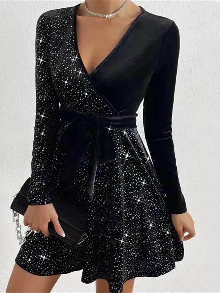 Robe sexy à paillettes et jupe irrégulière moulante à col en V