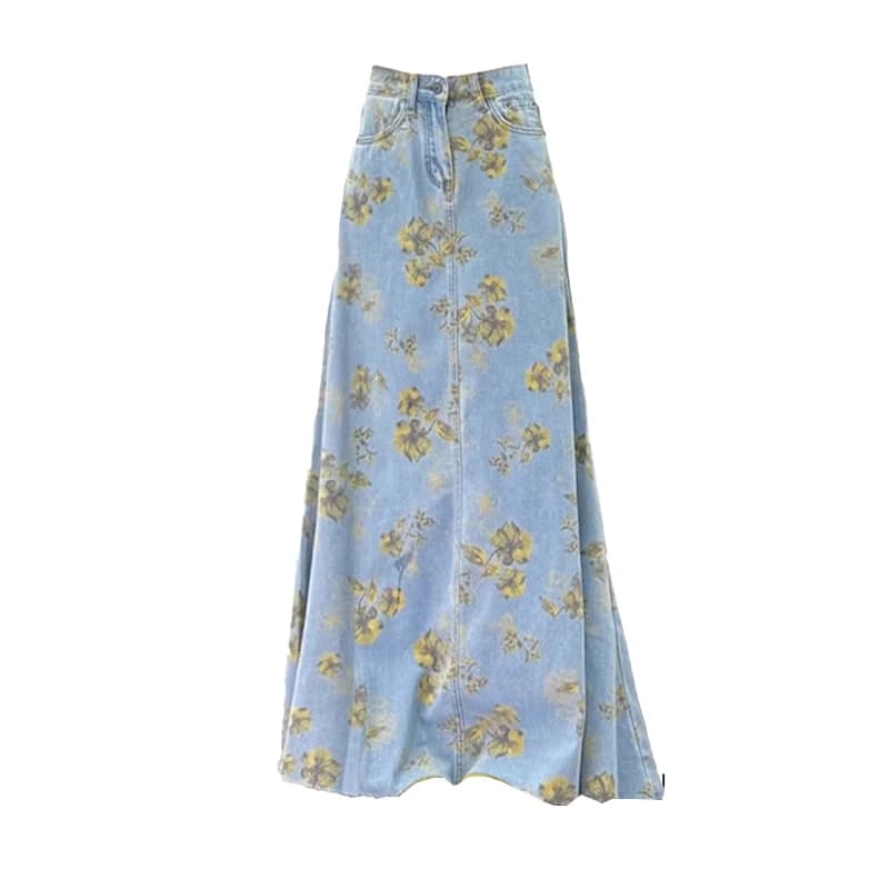 Imprimé fleuri Denim jupes longues femmes été mince Maxi jean jupe Vintage taille haute femmes une l