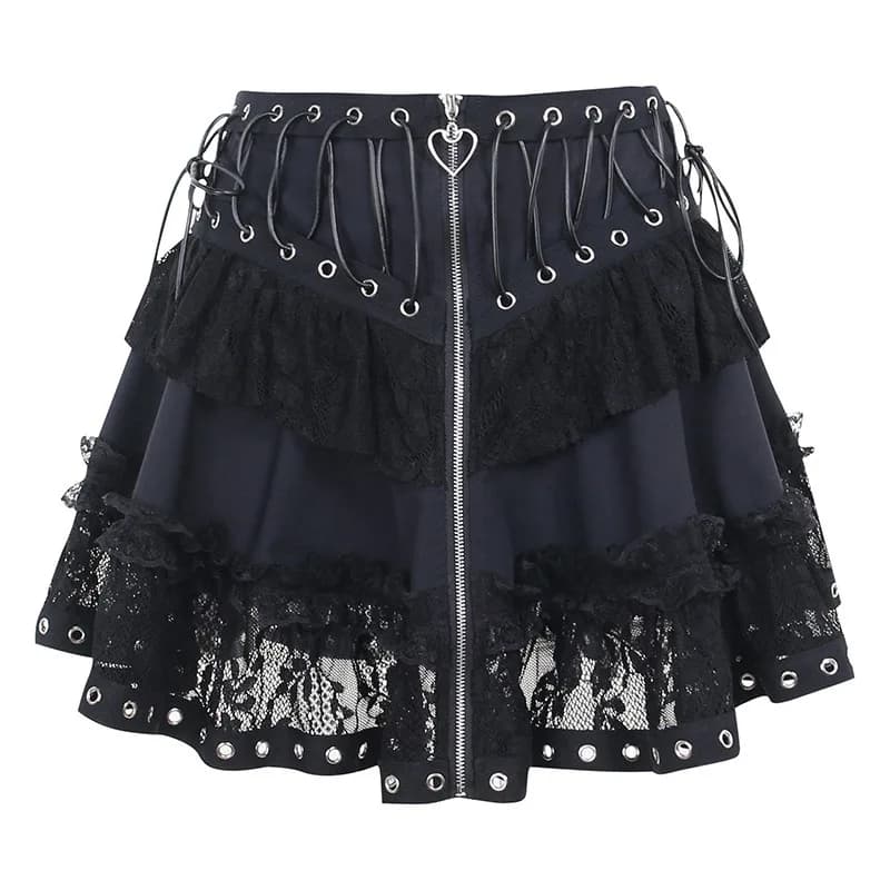 Jupe taille haute vintage punk pour femmes, fermeture éclair sur le devant, style japonais Kawaii, H