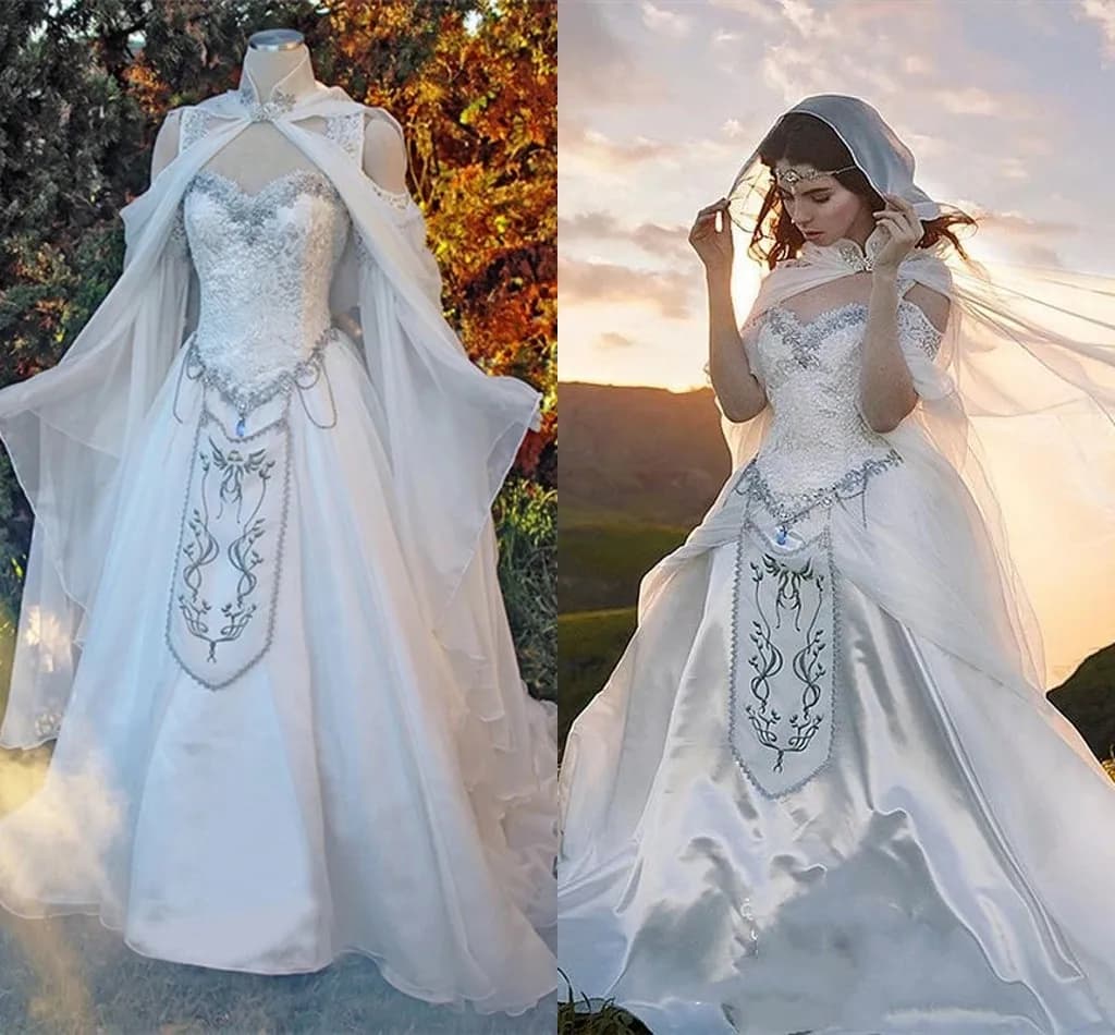 Robe de Mariée Médiévale, Cape Elfique, Capuche Dégradée, Manches sulf, Aviation, Renaissance, Victo