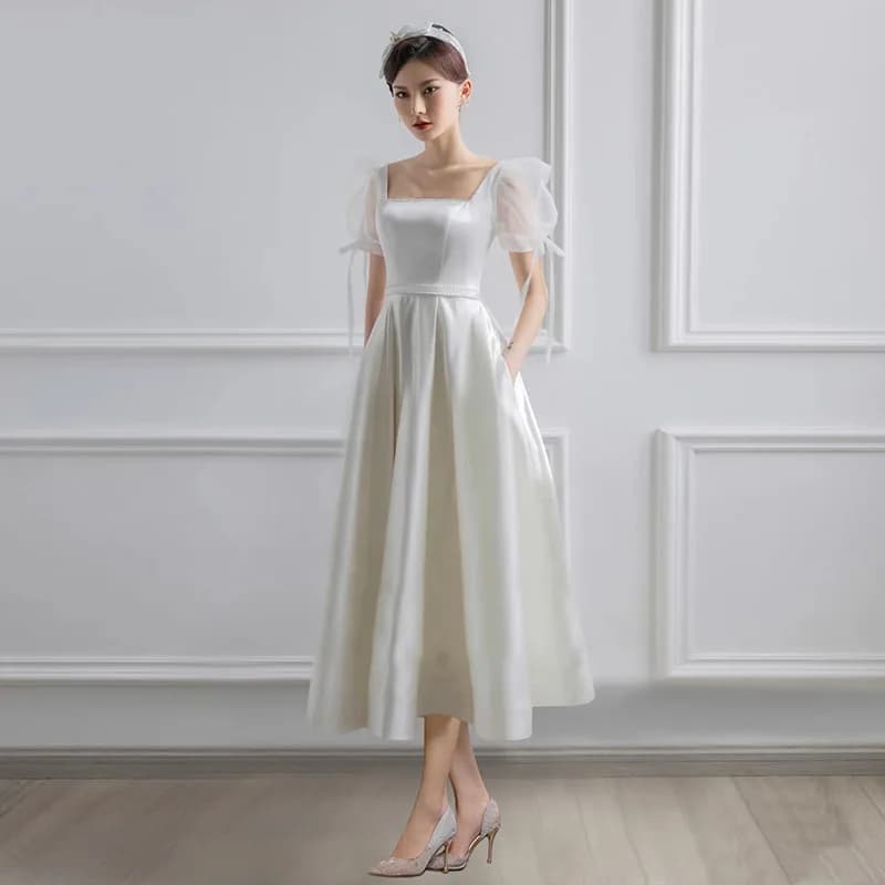 Robes de mariée en satin blanc pour la mariée, élégantes, à manches bouffantes, pour soirée, invitée