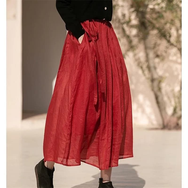Jupes mi-longues plissées A-Line pour femmes, jupes d'été en coton et lin rouge, demi-jupe décontrac