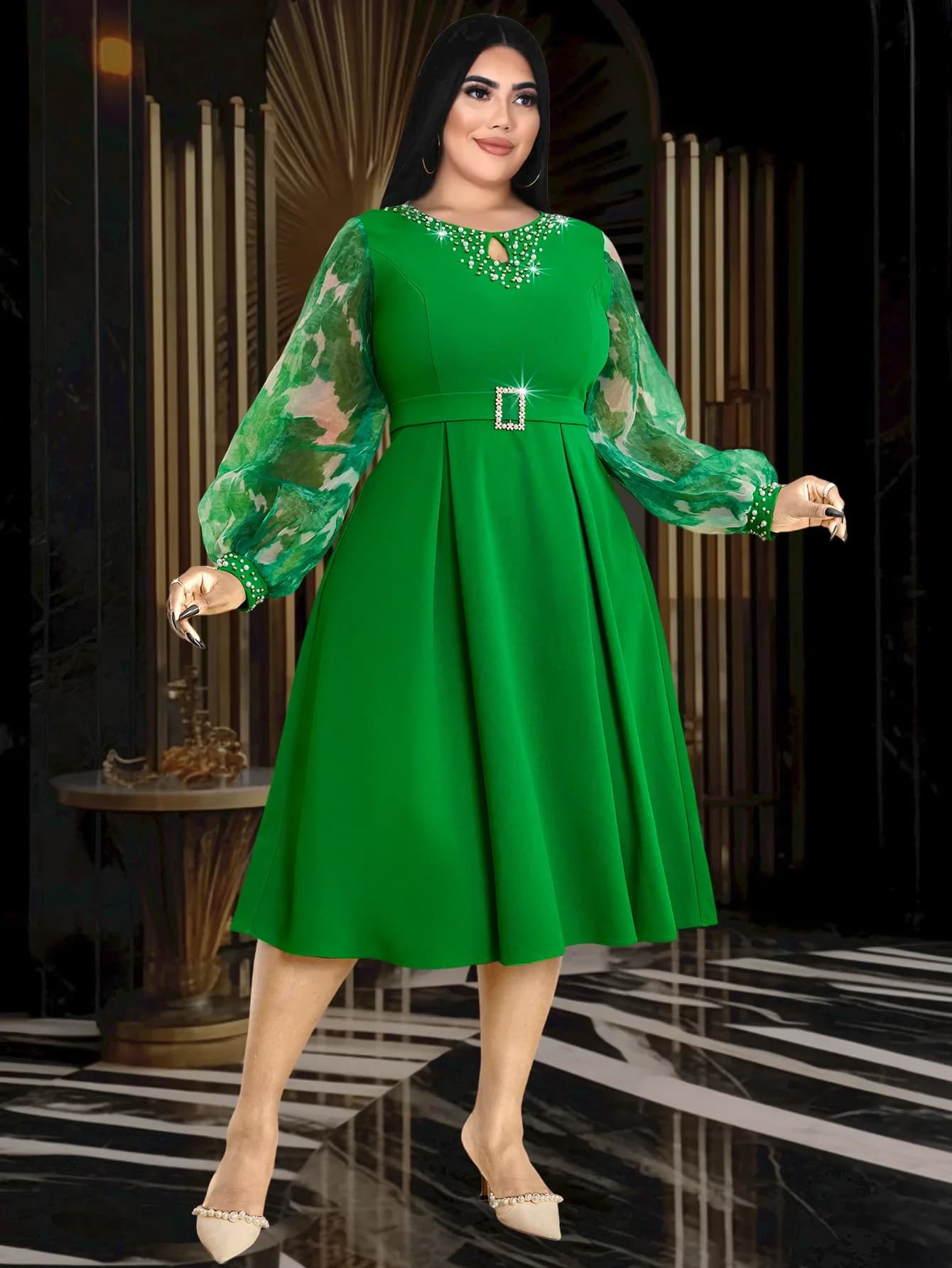 Robe trapèze verte élégante pour femme, col rond, perles imprimées, manches longues bouffantes, tail