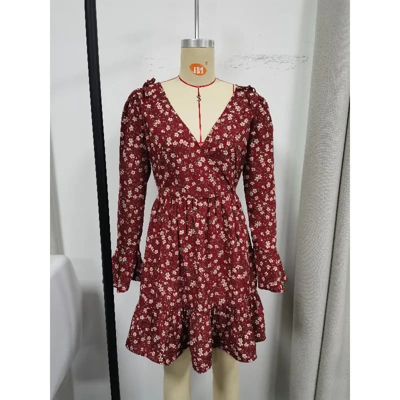 Robe Courte Florale Femme Col V Manches Longues Évasées Volants Ourlet Bordeaux Taille Haute Décontr