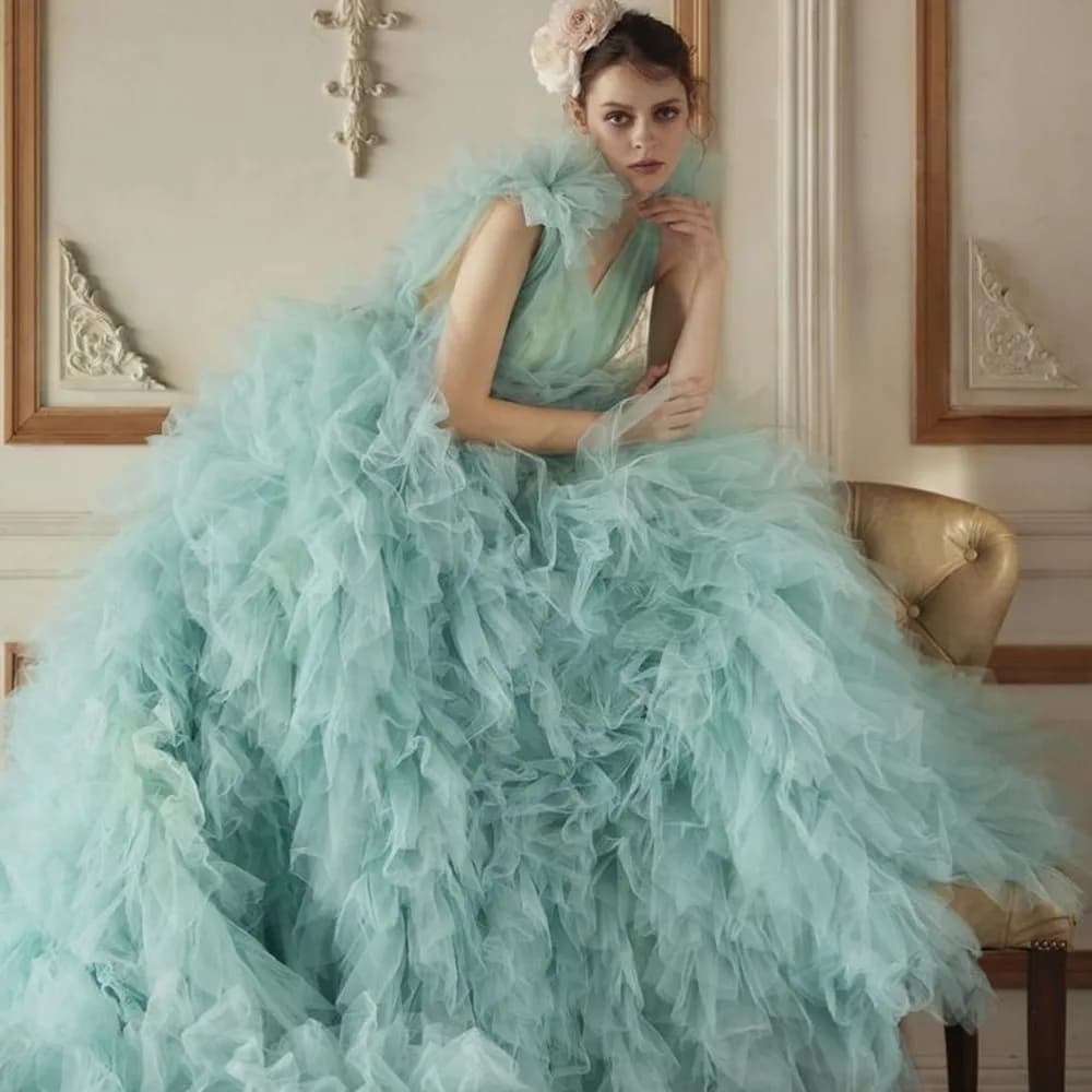 Robes de mariée en tulle longues et moelleuses turquoise rêveuses, dos nu, robe de soirée en tulle p