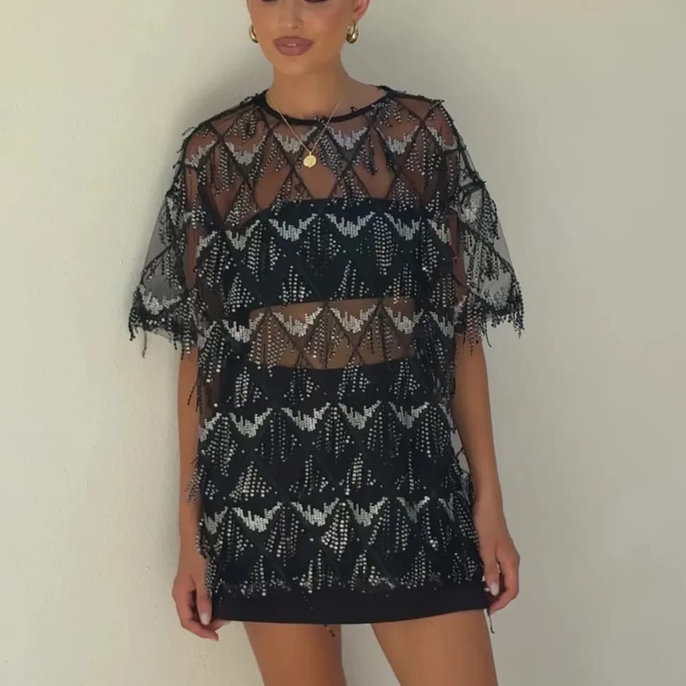 Chemisier en maille à sequins pour femme, col rond, coupe ample, manches courtes, transparent, tenda
