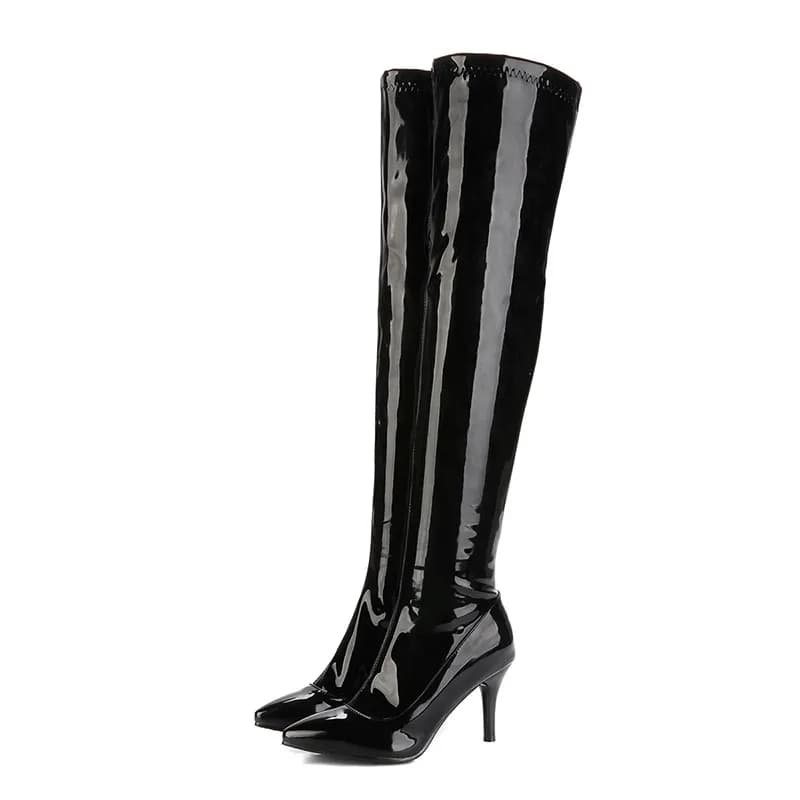 Cuissardes hautes pour femmes, rouge, blanc, noir, mode, bottes brevetées, Sexy, fermeture éclair, b
