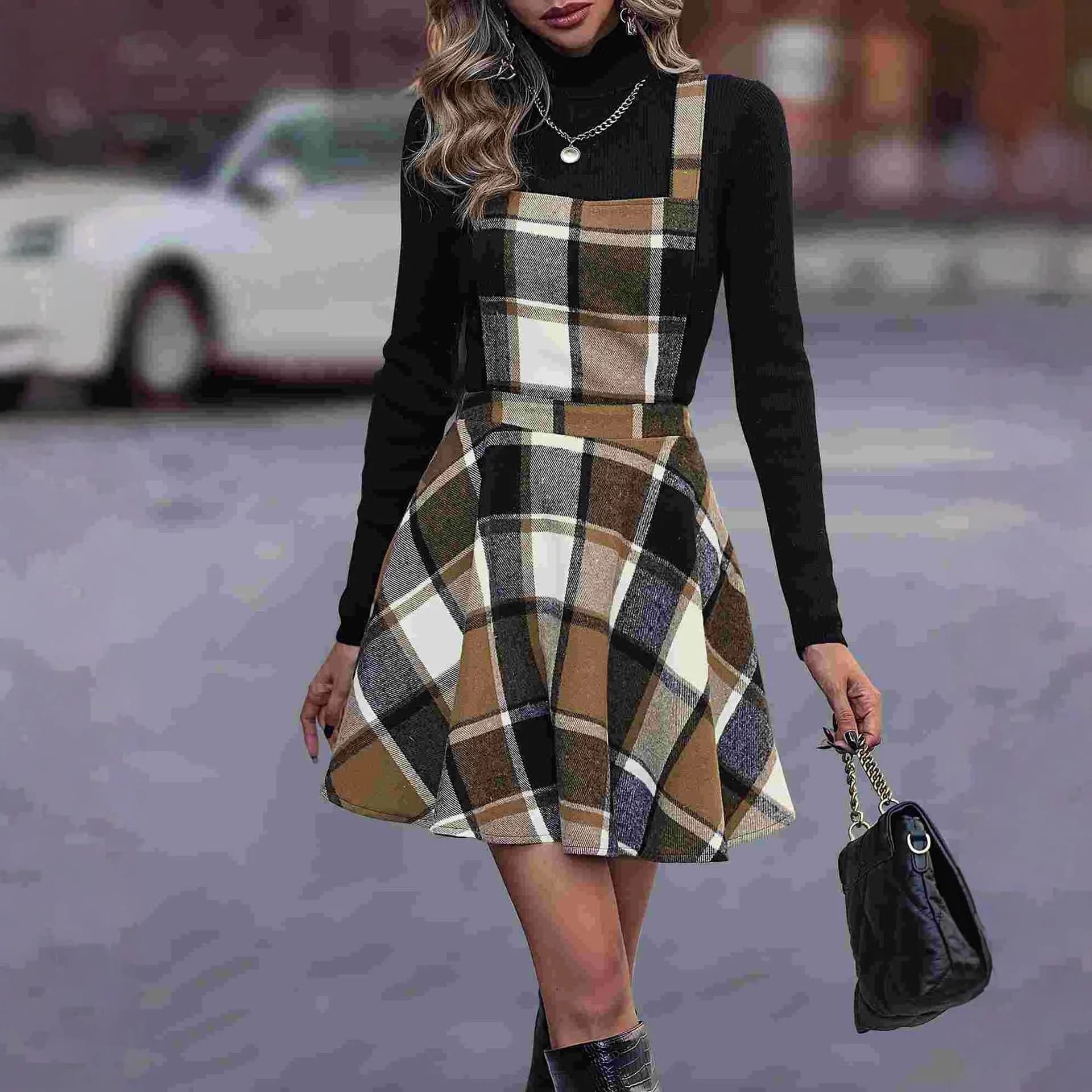 Robe chase à carreaux pour femmes, sans manches, ligne a, jupe à bretelles, taille haute, Vintage, T