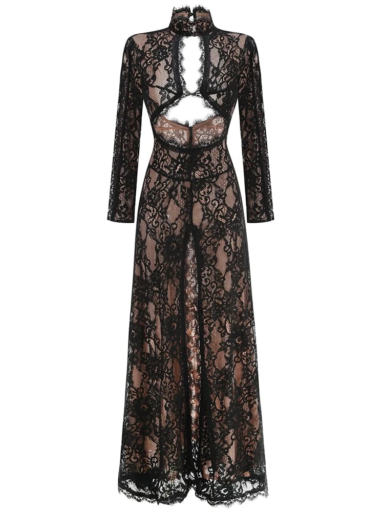 Robe longue en dentelle ajourée pour femmes, Sexy, manches longues, Design, noire, col rond, fendue,