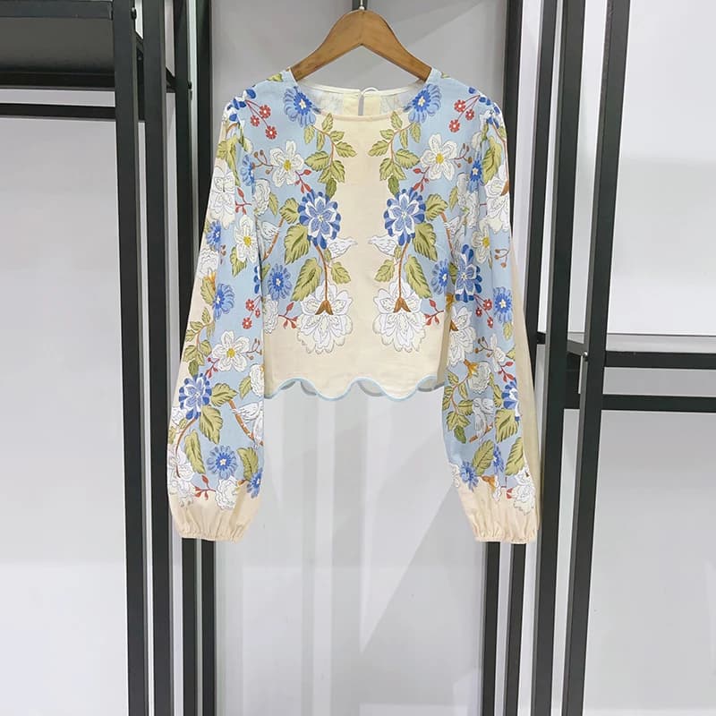 Chemisier à manches longues pour femme à imprimé floral et bord ondulé ou jupe mi-longue évasée tail
