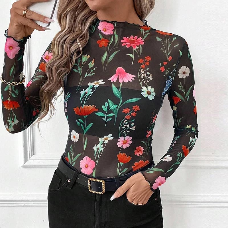 T-shirt sexy à manches longues pour femmes, col rond, imprimé floral, chemises en maille pour femmes