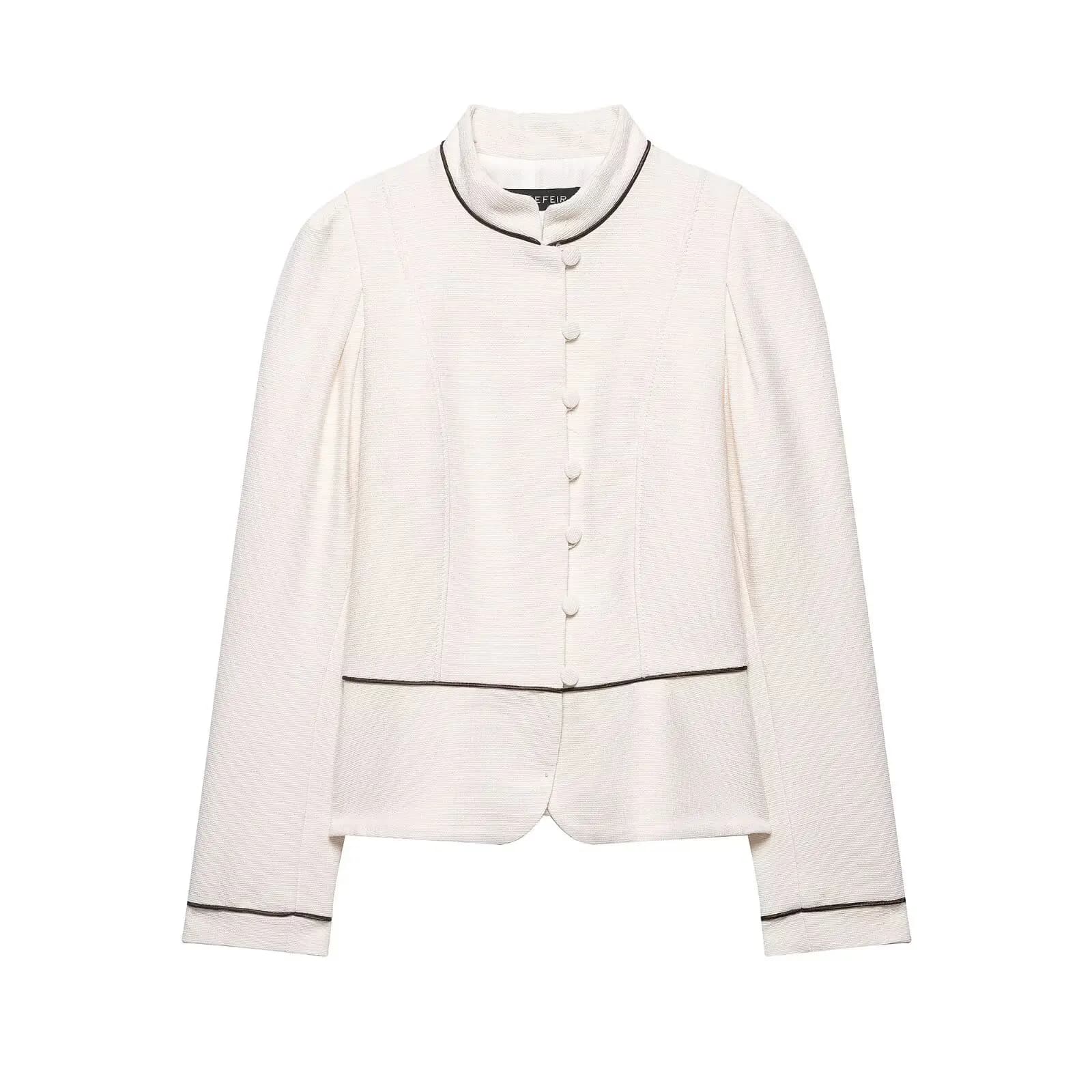 Blazer élégant en tweed beige pour femme HH Printemps 2026 - Veste cintrée courte à col montant et b