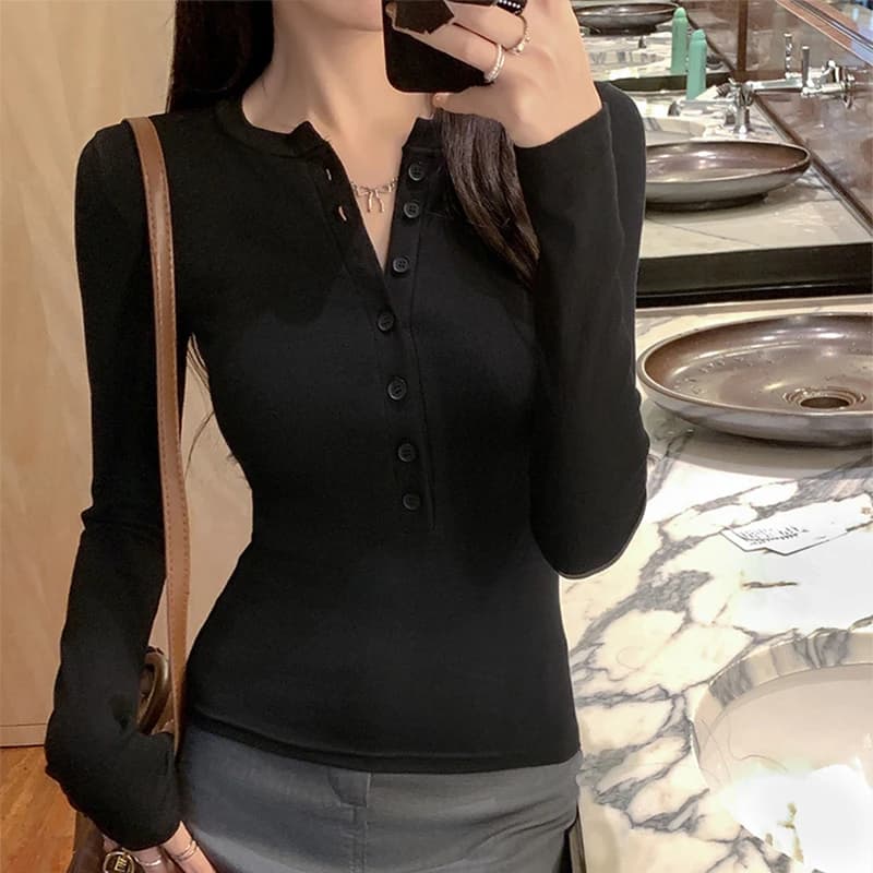 T-Shirt à manches longues et boutons pour filles épicées, slim, amincissant, basique, assorti avec t