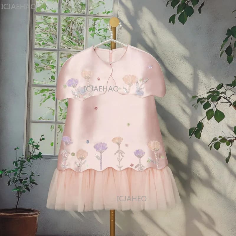 Robes à fleurs roses pour filles, élégantes robes de princesse à fleurs 3D, nouvelle robe pour l'Aïd