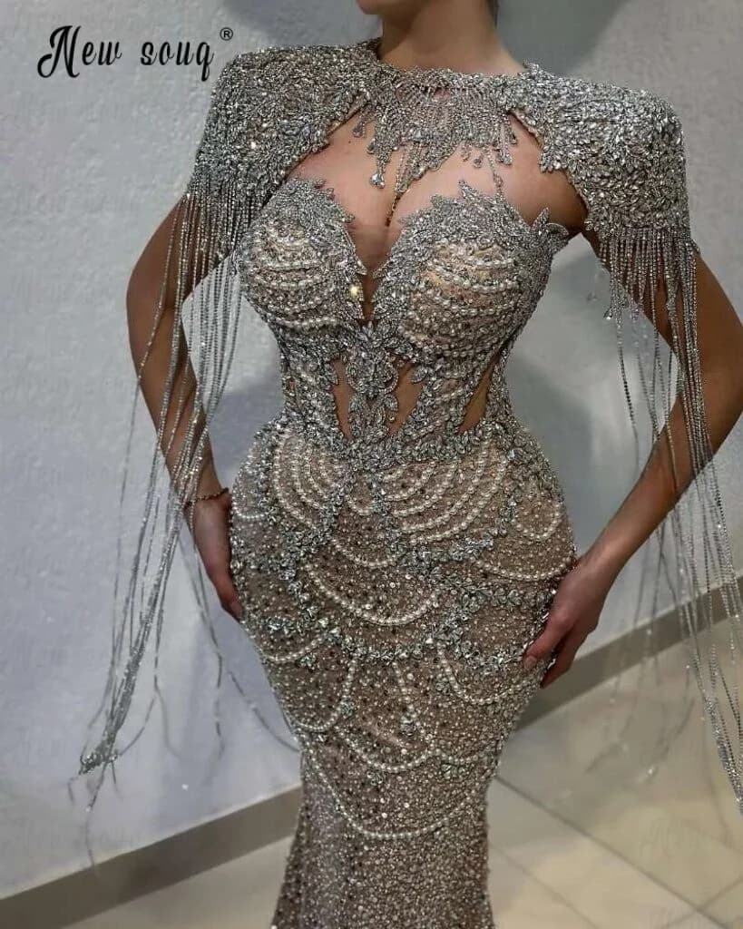 Robes de bal longues à franges argentées Champagne deux pièces robes d'invitées de mariage sirène ro