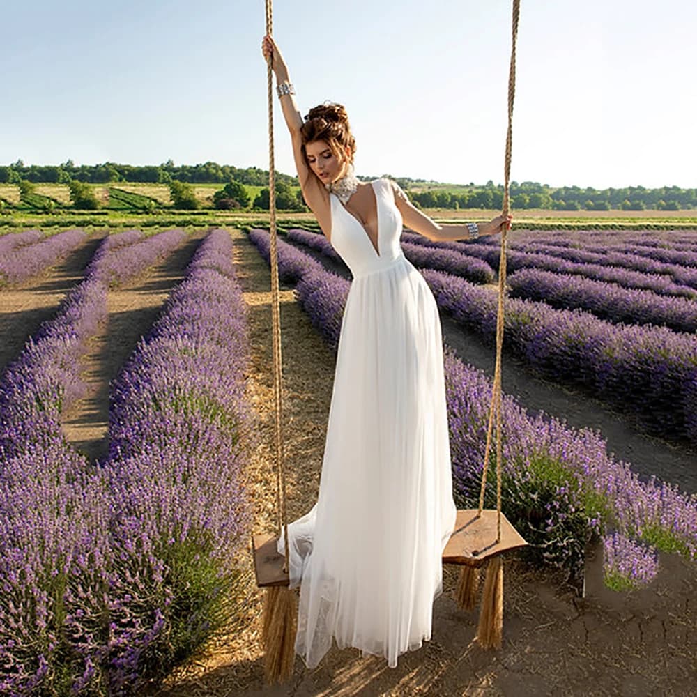 Robes de mariée bohèmes 2026 pour femmes, sexy, col en V, dos nu, coupe trapèze, en tulle, robes de 