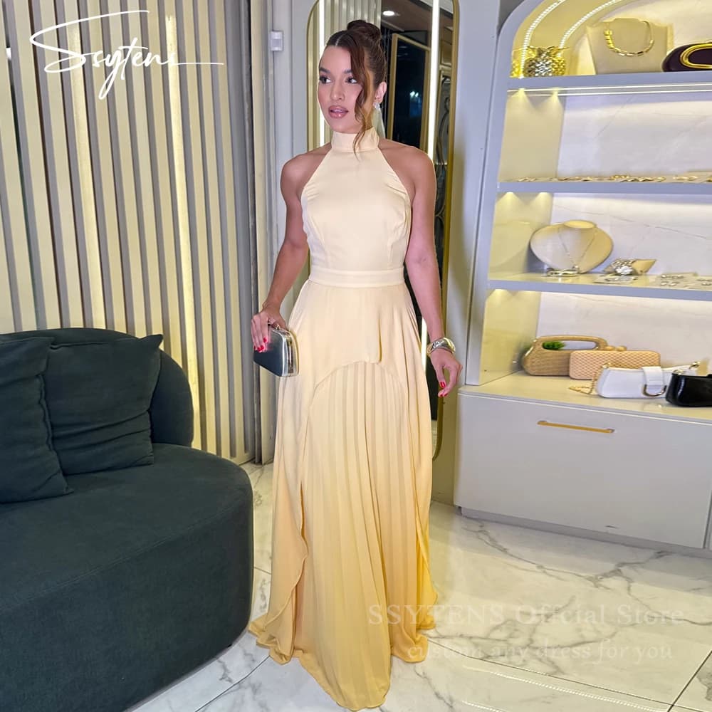 SSYTENS robes de soirée en Satin jaune licou une ligne robes d'occasion formelles modernes célébrité
