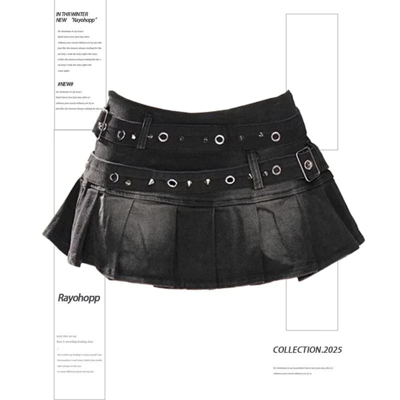 Jupe en jean avec ceinture rivetée bleue et noire pour femmes, Y2K, Harajuku, mode de rue, Mini jupe