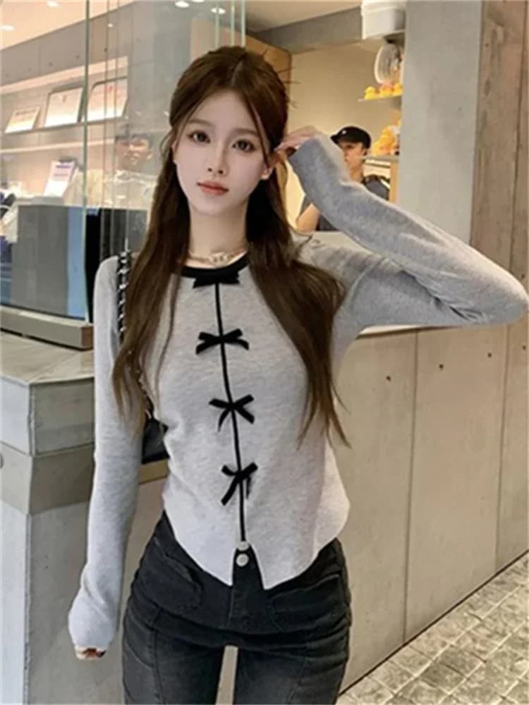 T-shirt gris à manches longues pour femmes, décontracté, Y2k, mode coréenne, doux et mignon, avec nœ