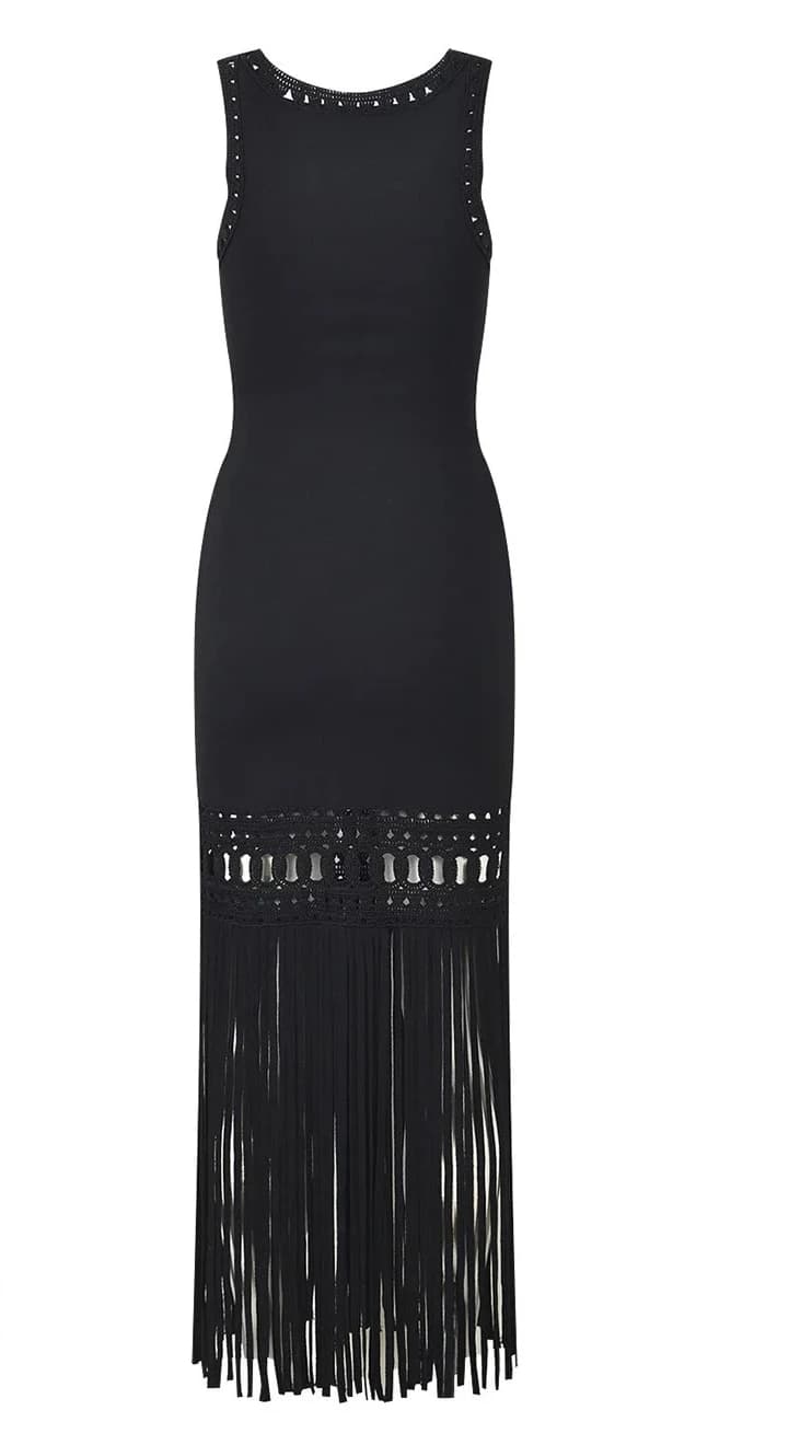 Robe tricotée à franges noires, sans manches, Slim, Simple, longue, robe de soirée élégante pour fem