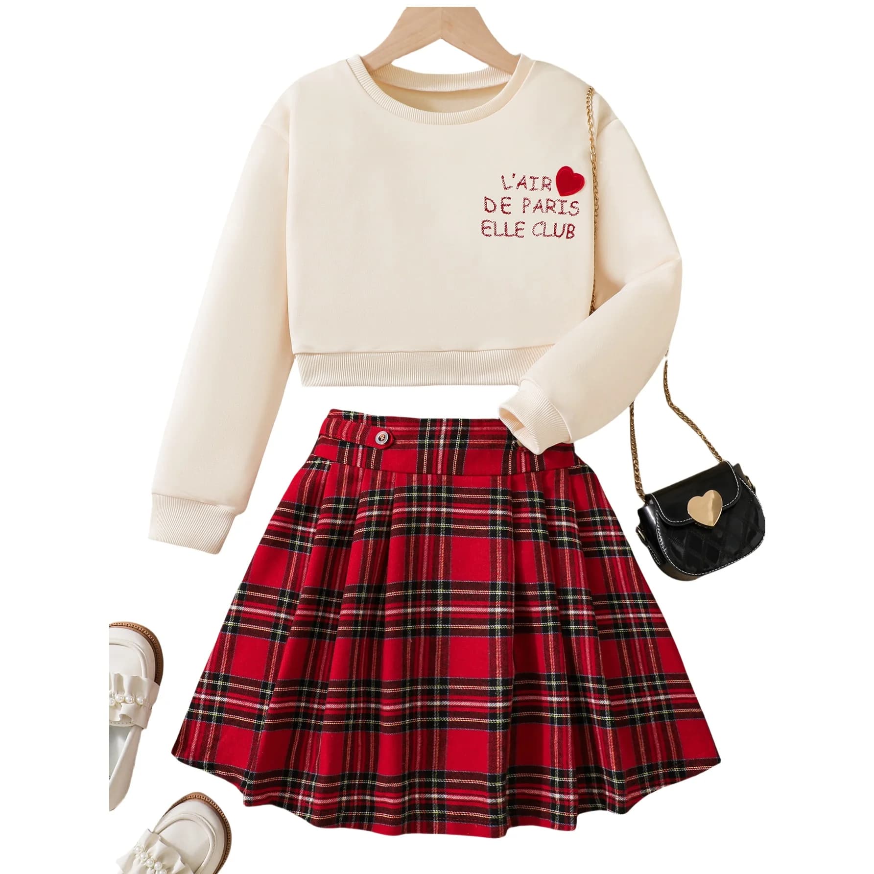 Ensemble jupe style collège pour filles – Haut imprimé Beige Love, jupe classique à carreaux rouge e
