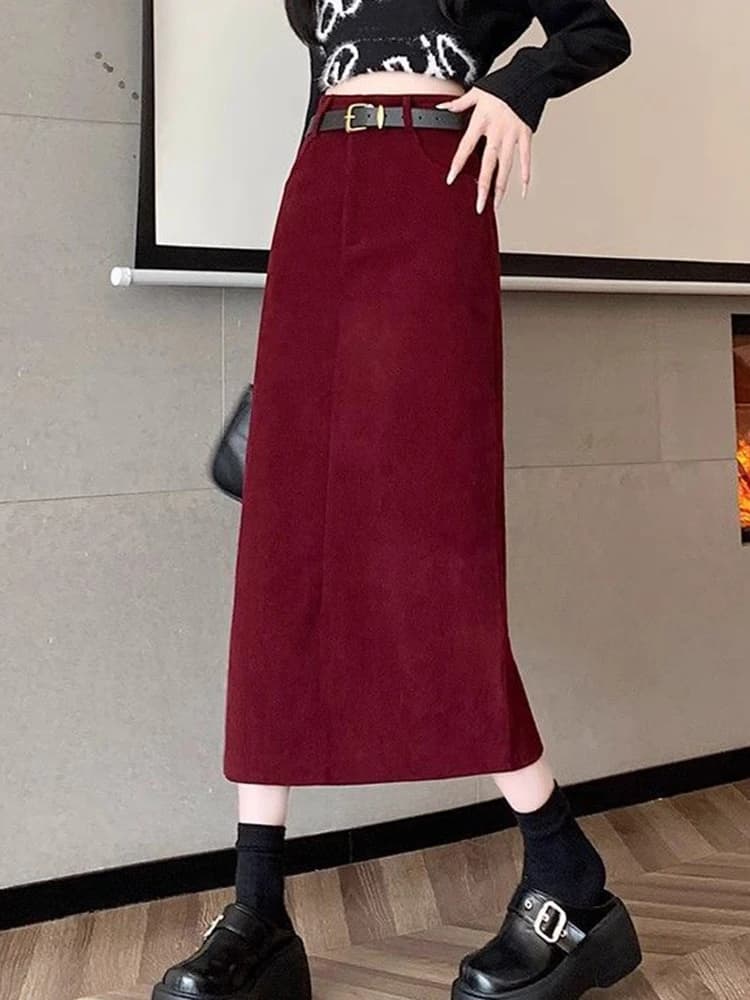 Zoki-Jupe mi-longue en velours côtelé rouge pour femme, ceinture rétro, taille haute, mince, douce, 