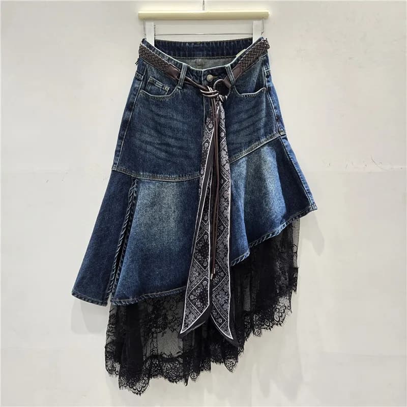 Jupe en jean asymétrique pour femme, patchwork, dentelle, vintage, taille haute, ceinture, délavée, 
