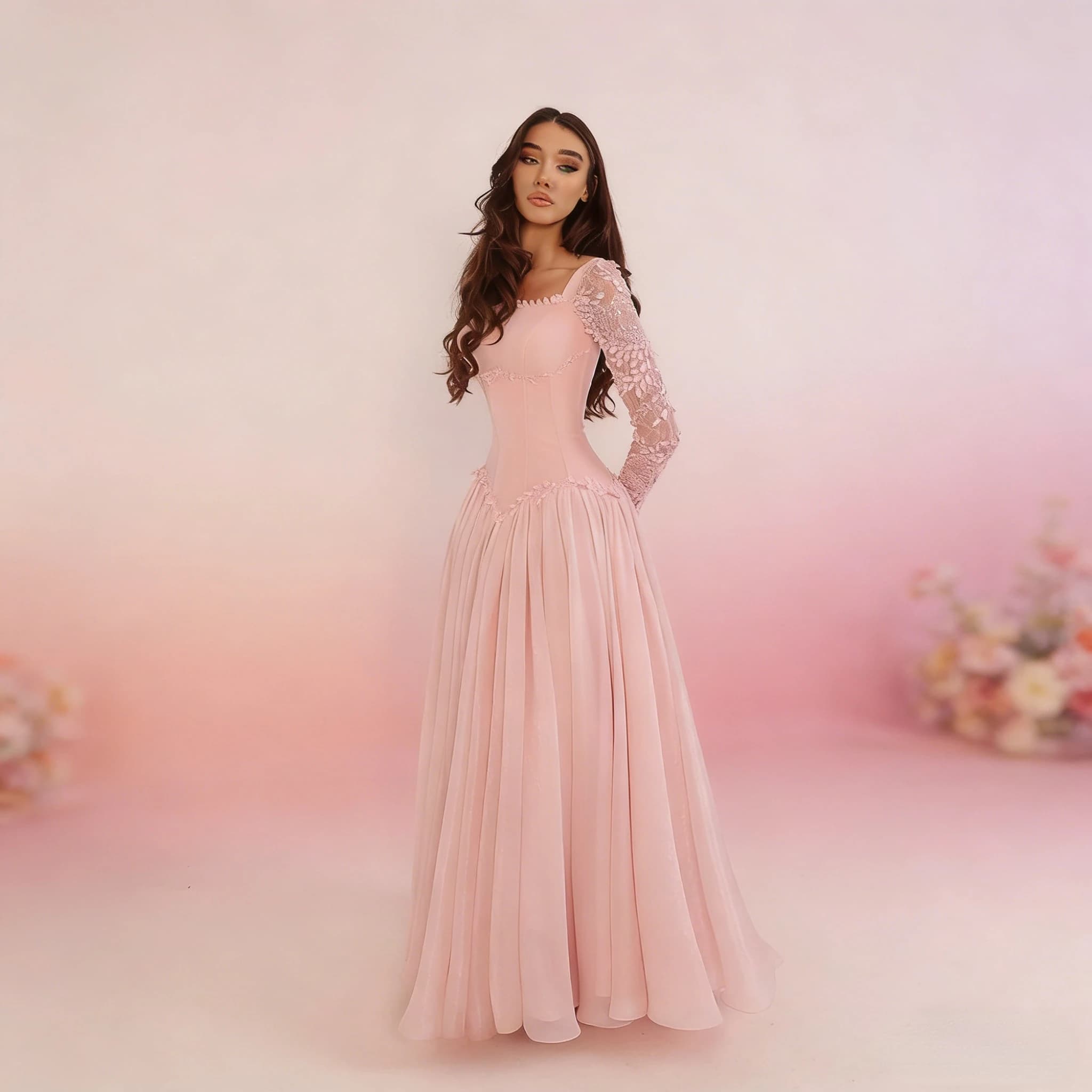 Robes de soirée en mousseline de soie rose poudré, coupe trapèze, avec dentelle florale, manches lon