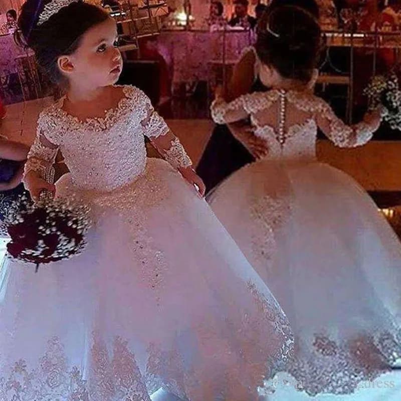 Manches longues robes de bal de fête de mariage Tulle perlé Applique robe de fille de fleur longue p