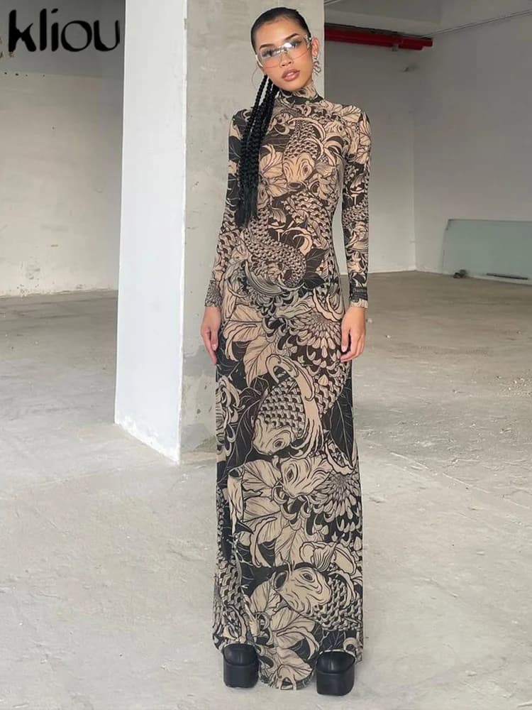 Kliou – Robe Maxi en maille imprimée Vintage pour femmes, Sexy, transparente, manches longues, col m