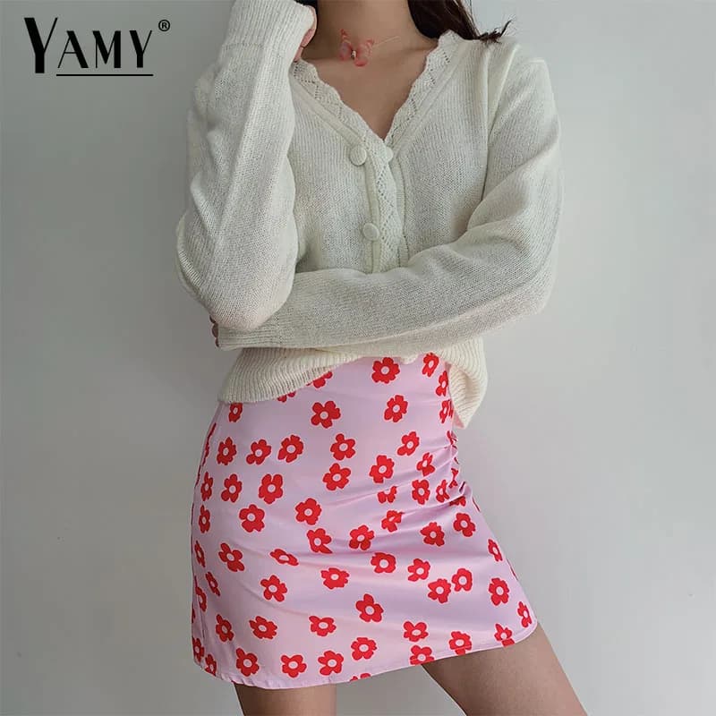 Mini jupe taille haute à imprimé floral pour femmes, vêtements d'été roses, jupe en satin rouge, mod