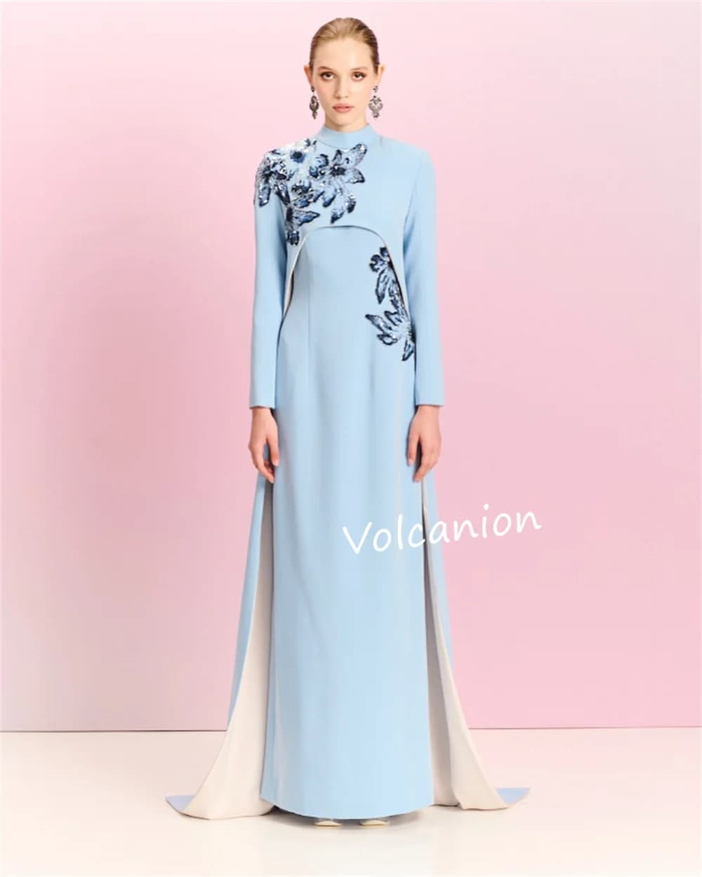 Robe longue en Jersey personnalisée, motif paillettes, perles, col haut, droite, sur mesure, pour oc