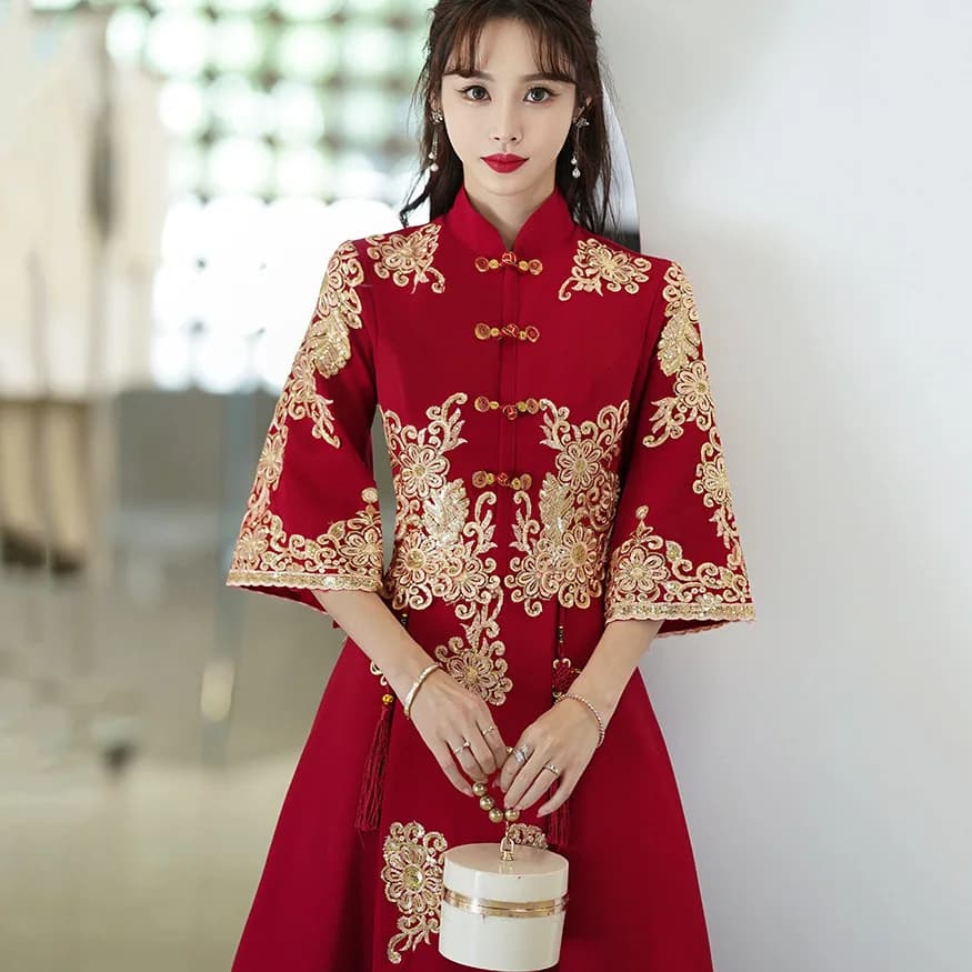 Robe de mariée longue et Slim, grande taille, Cheongsam élégant, broderie, robe de soirée, col Manda