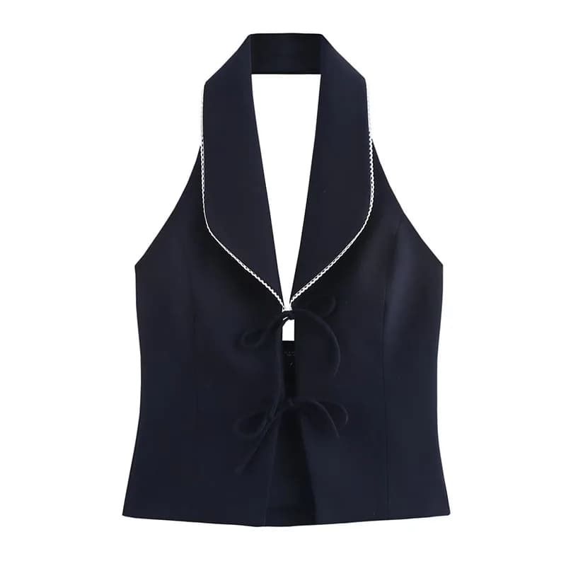 HH femmes mode gilets haut bleu marine col rabattu sans manches dos nu nœud à lacets femme été Style