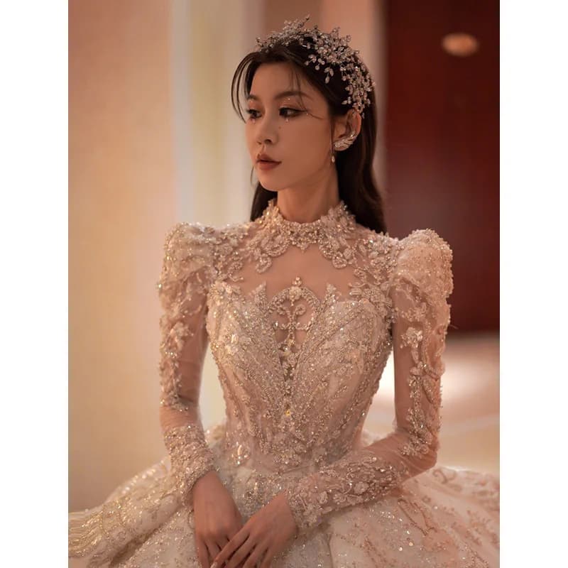 Robe de mariée à manches longues, nouvelle mariée, industrie lourde, luxe, perles, ciel étoilé, pail
