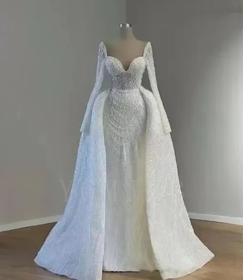 Robes de mariée sirène élégantes et luxueuses, ornées de perles, dentelle, traîne détachable, manche