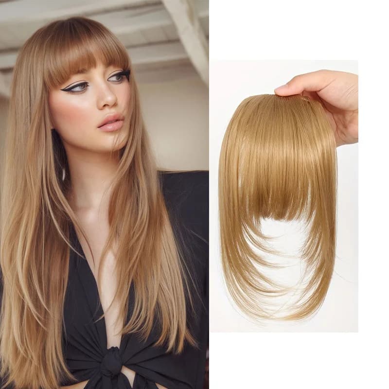 Frange à clipser en cheveux synthétiques, frange vaporeuse coupée avec favoris, aspect naturel marro