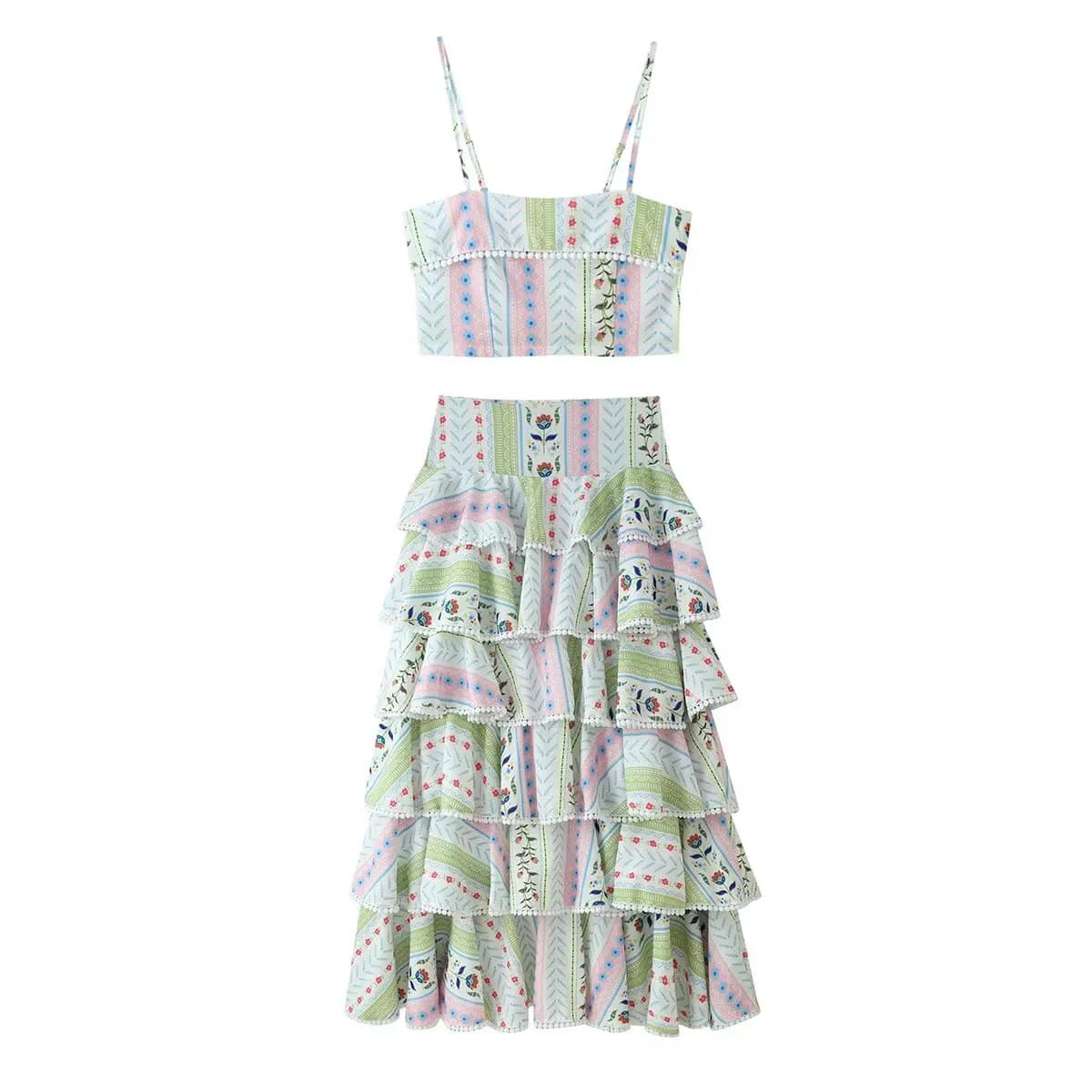 Ensemble jupe imprimée et haut sans manches à bretelles pour femme, nouvelle collection été, jupe lo