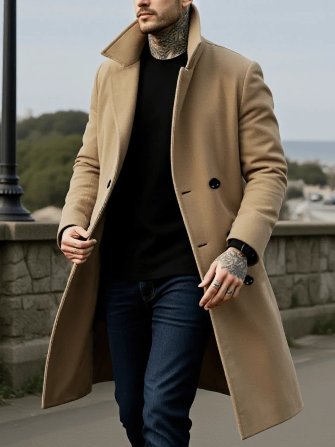 Manteau d'hiver mi-long pour hommes, manteaux chauds en laine, doublure, veste à revers à Double bou