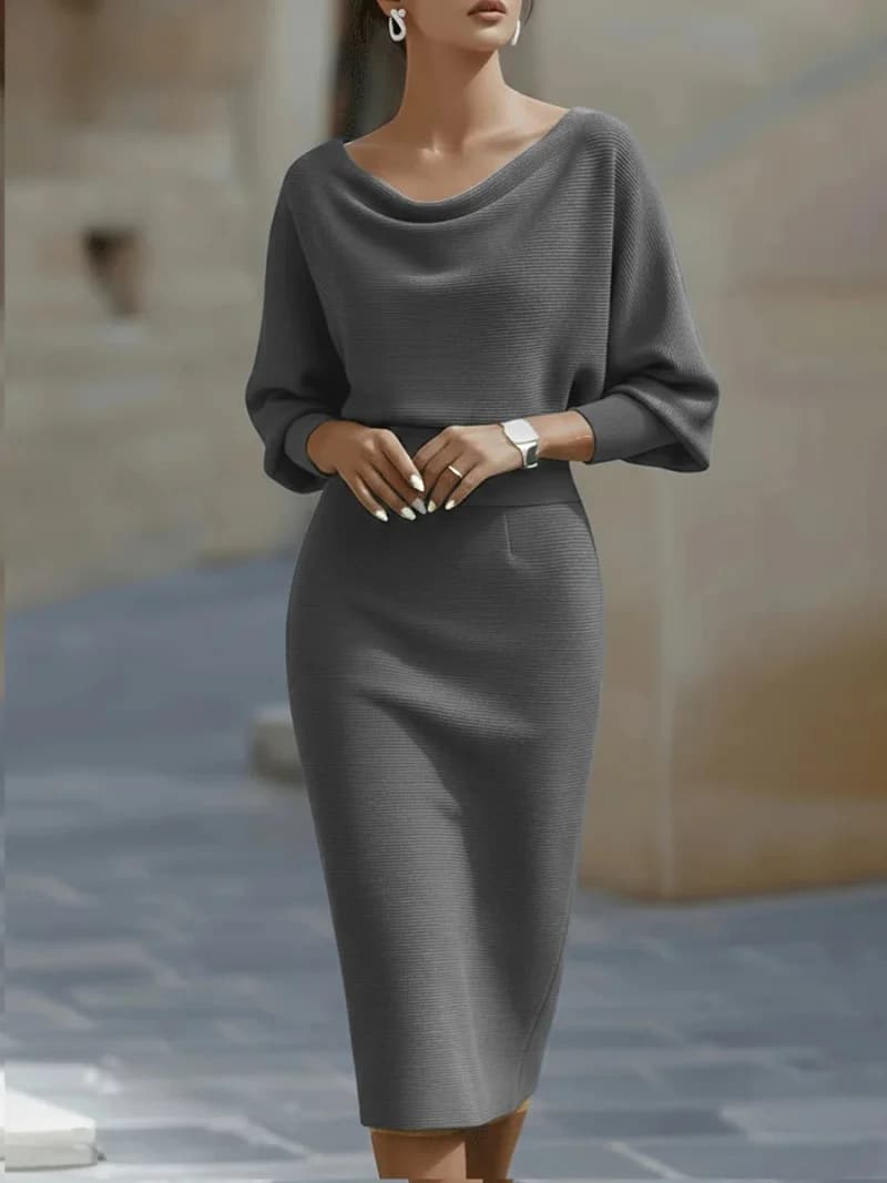 Robe midi élégante en tricot à manches longues et col en U – Robe en tricot ajustée pour femme – Ten