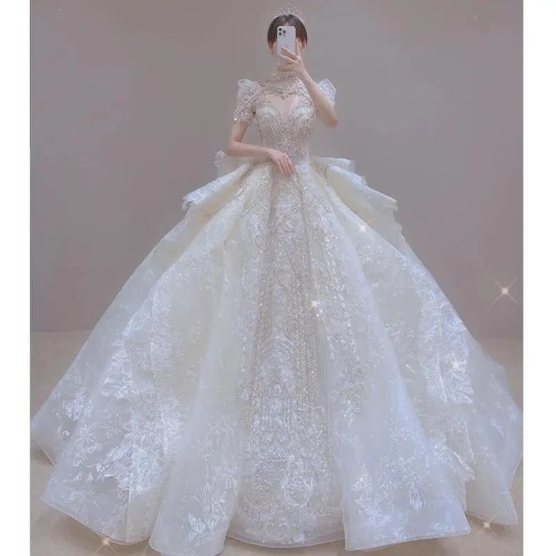 Robe de mariée brillante vintage de luxe, robe de mariée à longue traîne, grande robe de Rhperlée, r
