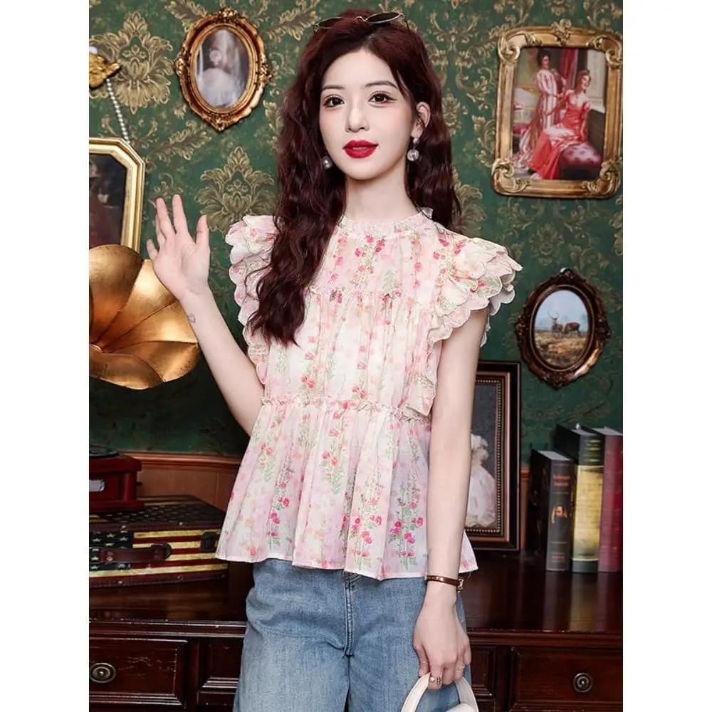 Chemise en mousseline de soie à manches volantes pour femmes, haut polyvalent élégant à la mode, été