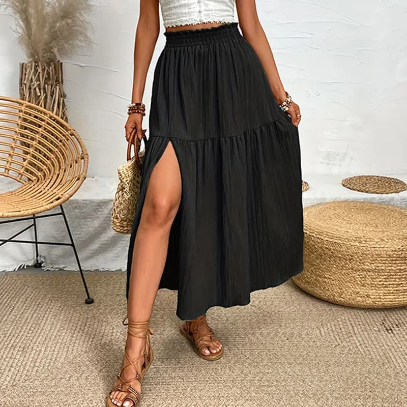 Nouvelles femmes jupe mode bohème jupe Midi taille haute solide une ligne jupe à volants décontracté