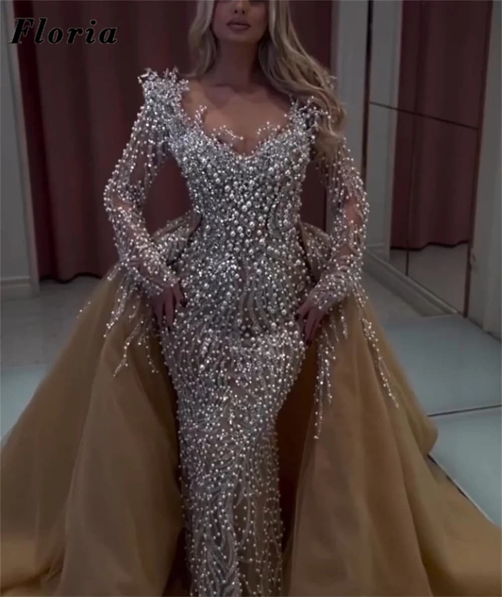 Robes de soirée luxueuses à manches longues en champagne, robes de bal avec perles et jupe détachabl